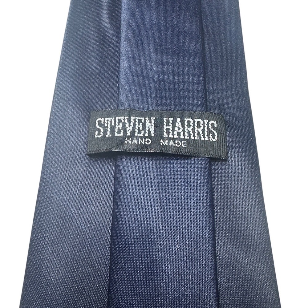 Steven Harris Mens Navy Blue Solid Satin Handmade Polyester Necktie Classic Tie - Picture 7 of 7